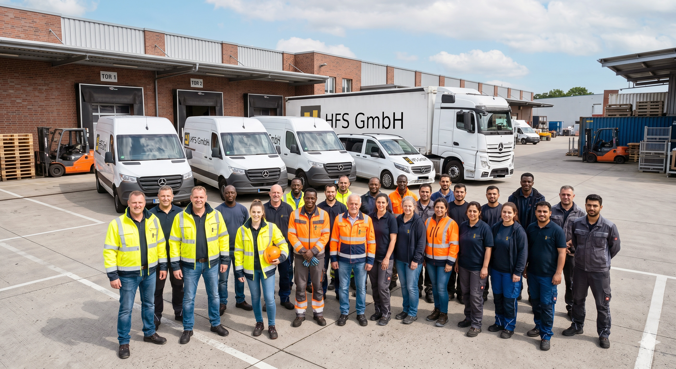 Team der HFS GmbH vor Fahrzeugen und Halle